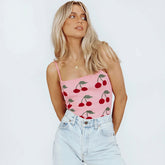 Pretty Pink Cherry Print Spaghetti Strap Cropped Knit Tank Top